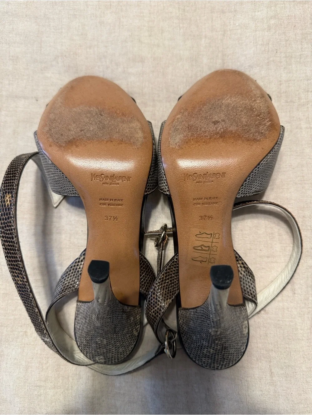 Yves Saint Laurent Brown Snakeskin-Effect Ankle-Strap Open Toe Stiletto Sandals